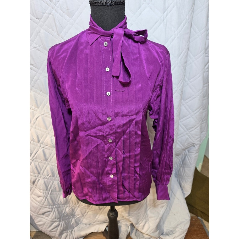 Jack Mulqueen Chemise Purple Silk Bow Blouse Pintuck Pleated Vintage Sz 4